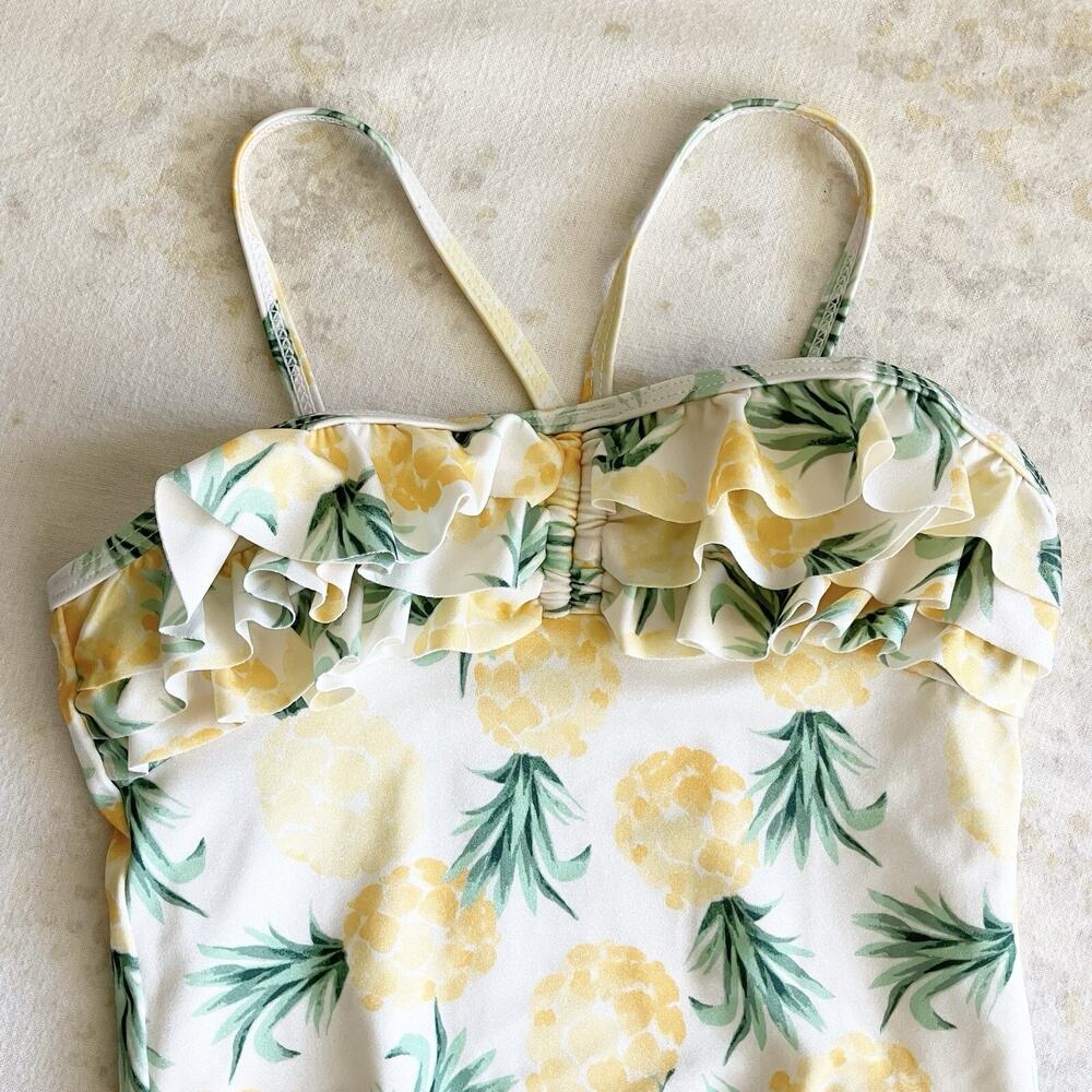 Janie and Jack Girls 6 Swimsuit Pineapple Print Ruffle One Piece Yellow Green - Picture 2 of 6